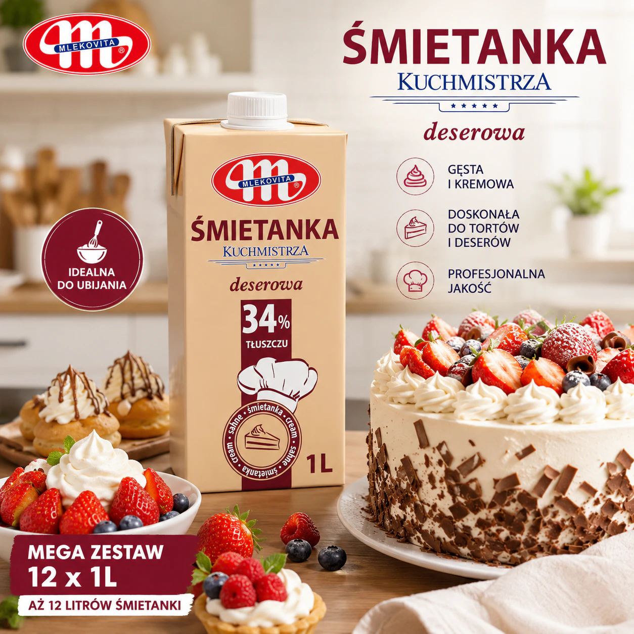 Śmietana Kuchmistrza 34% 12x1L Zgrzewka Mlekovita 1